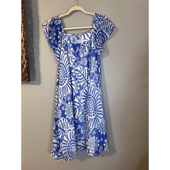 Anthropologie Tibi Silk Dress 6 Blue Ivory Short Sleeve Relaxed Fit Shift Flowy - Picture 13 of 15